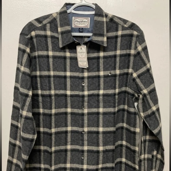 New Flag & Anthem Mens Flannel Plaid Shirt Button Up Medium Grey Black Cream NWT - Picture 4 of 12